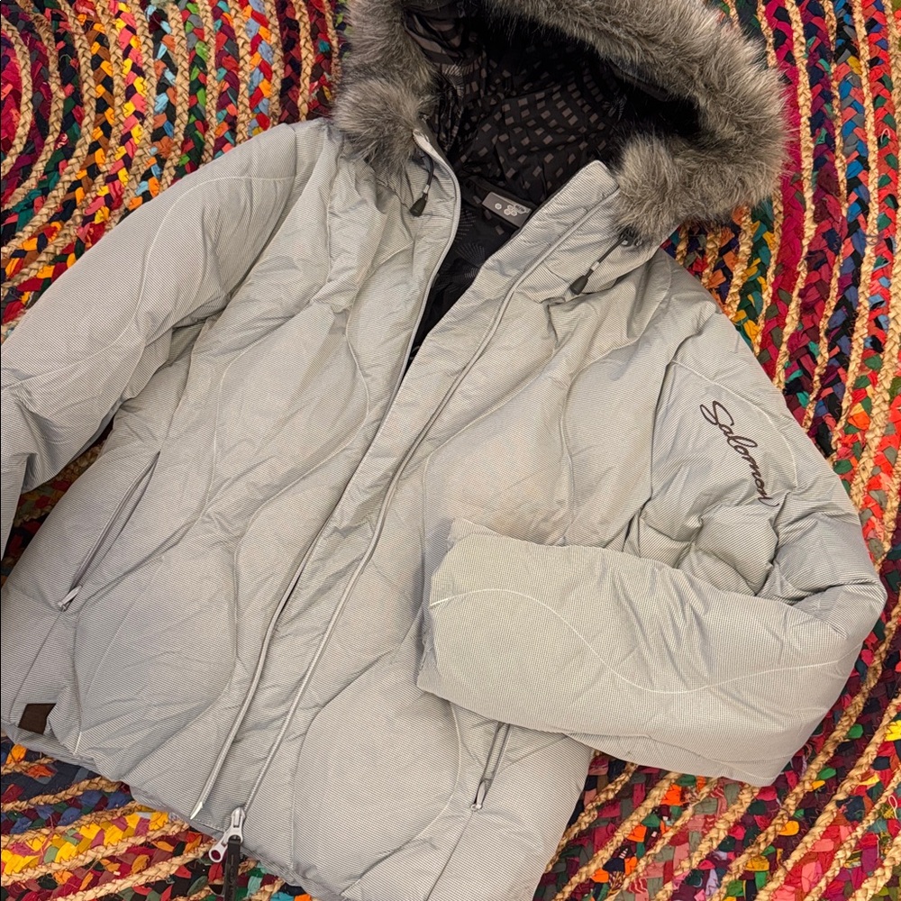 Salomon Women's Light Gray Puffer Jacket with Faux Fur Hood